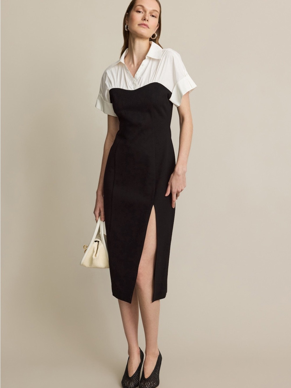Elegant Black Strapless Midi Dress with White Shirt Detail